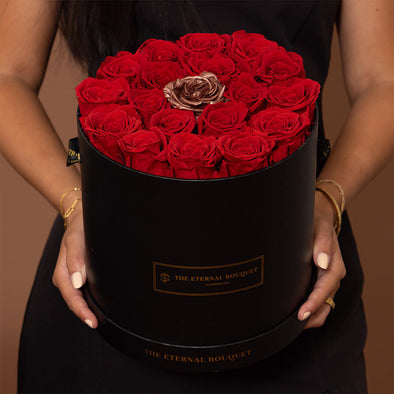 Round Everlasting Rose Box - Red Roses & Single Gold Rose