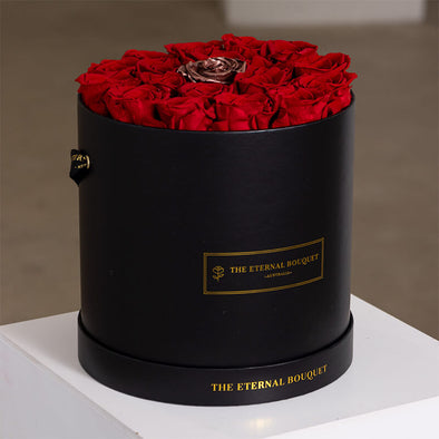 Round Everlasting Rose Box - Red Roses & Single Gold Rose