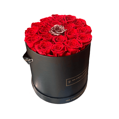 Round Everlasting Rose Box - Red Roses & Single Gold Rose